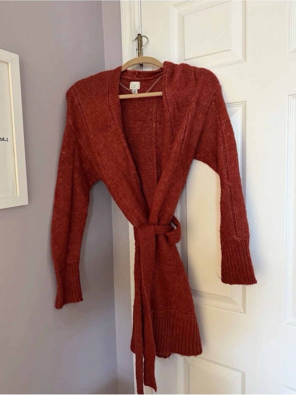 A New Day Cardigan Sweater Womens XS Red Belted Longline Open Front Knit Cozy